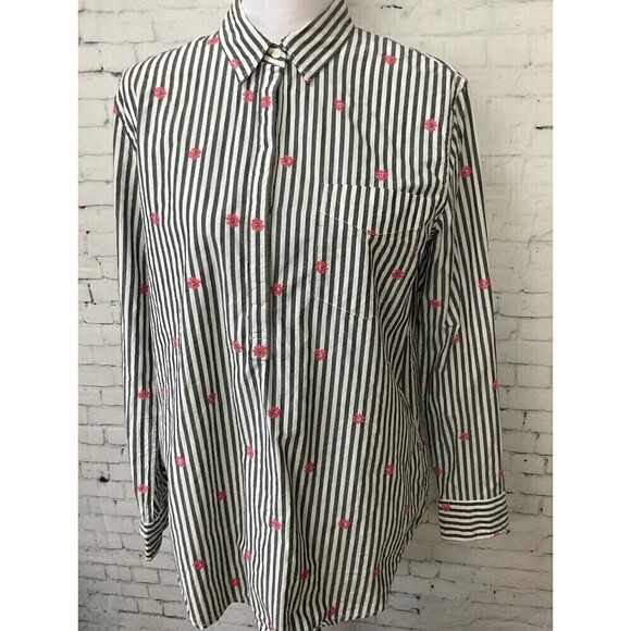 Gap Women Button Up Shirt Gray White Pink Daisy Long Sleeve Classic Fit … - Picture 2 of 12